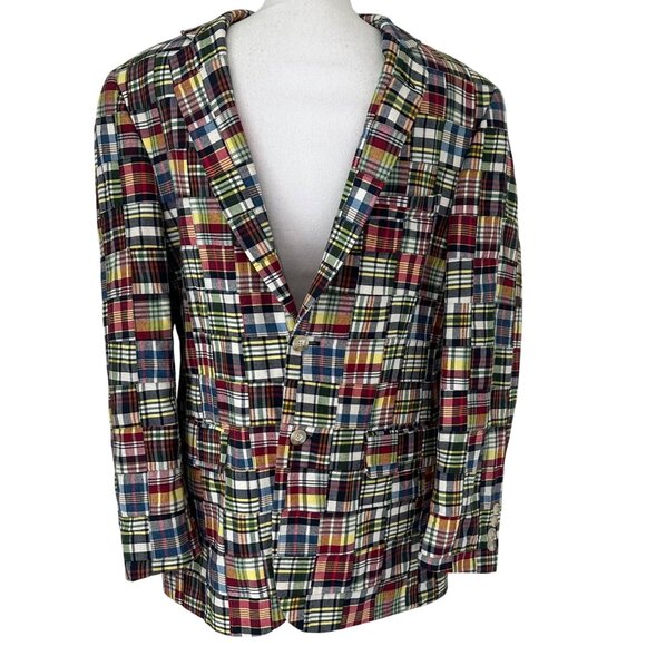 PBM Blazer Mens Size 38R Madras Plaid Patchwork Cotton Single-Breasted 2-Button - Picture 1 of 15